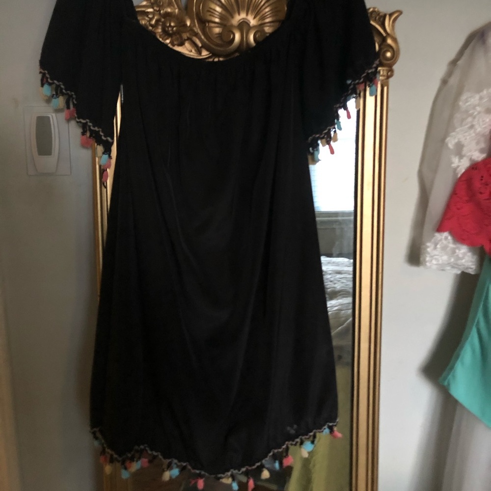 Off the Shoulders Tassel Black Dress
